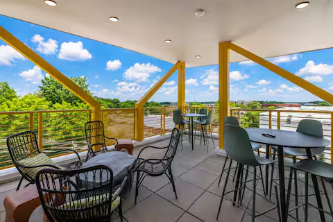 Shared rooftop terrace with yellow beams, lounge chairs, and treetop views